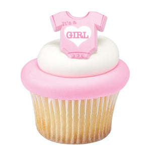 Pink It's A Girl Onesie  Cupcake Rings - 12 Pack