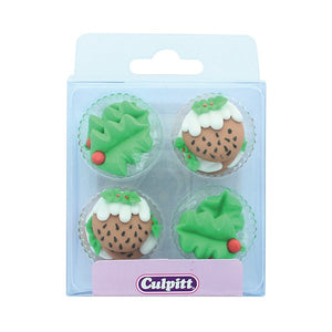 Christmas Sugar Cake Decorations - 12 Christmas Puddings and Holly Cupcake Toppers