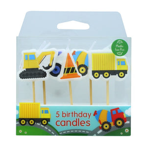5 Trucks and Diggers Candles With Bamboo Pic - 70mm