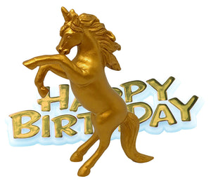 Unicorn Resin Cake Topper & Gold Happy Birthday Motto
