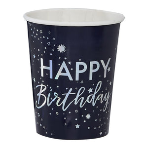 Irridescent Foiled Happy Birthday Paper Cups - Stargazer - Ginger Ray