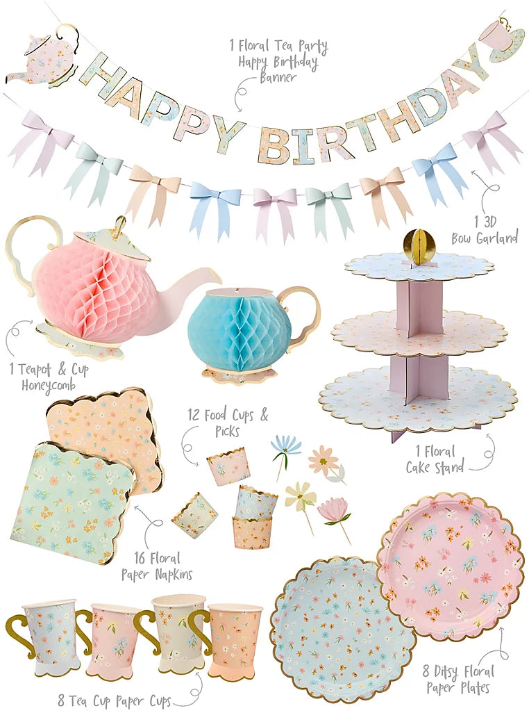 Stef Chef Floral Tableware Set & Vintage Afternoon Tea Party Decorations for 8 Guests | Paper Plates and Napkins, Teacups, Bunting & Treat Stand | for Birthday, Mother's Day, Baby Shower