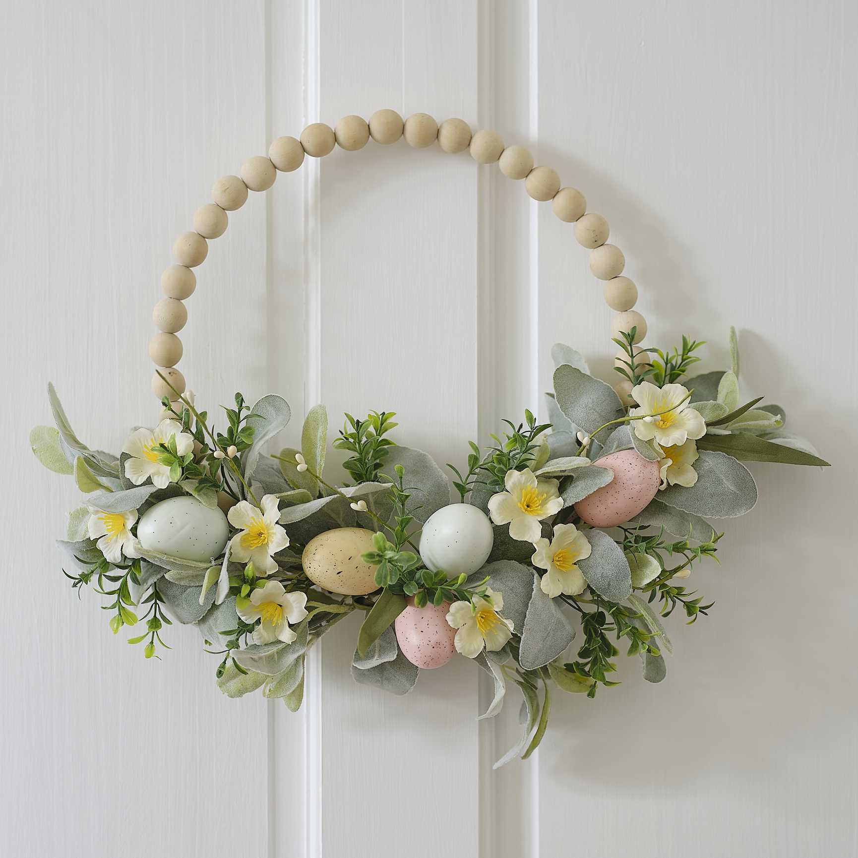 Wooden Bead and Foliage Spring Wreath