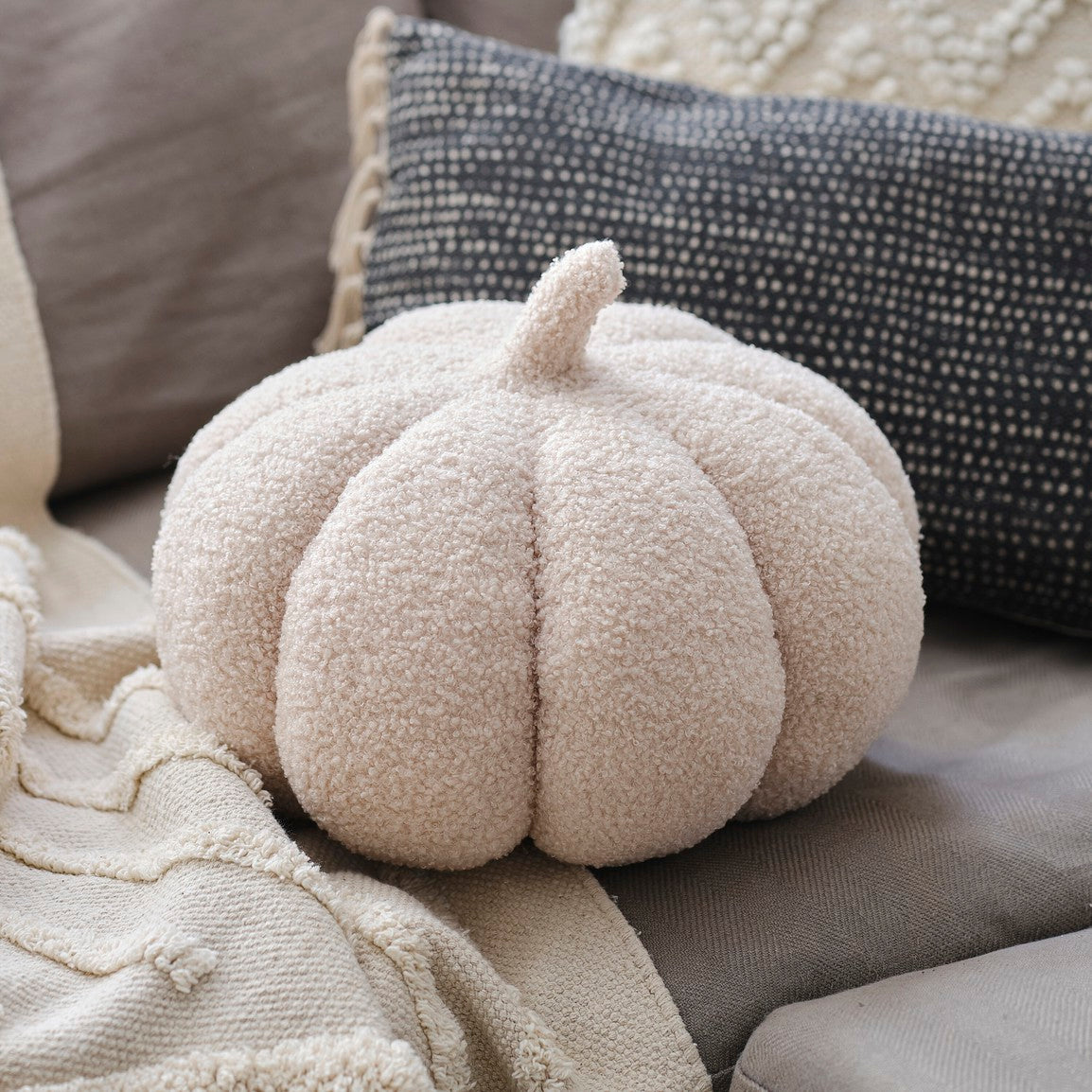 Large Beige Boucle Pumpkin Cushion Decoration