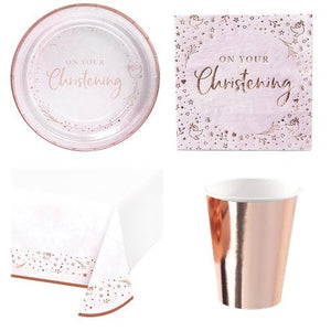 Pink & Rose Gold Baby Girl Christening Day Party Tableware and Accessories Range Standard Pack for 8