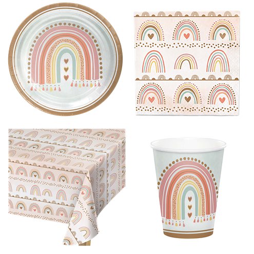 Boho Rainbow Birthday Party Tableware Pack - For 8 Guests
