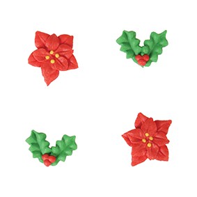 Christmas Holly & Poinsettia Sugar Toppers - 20 Pack