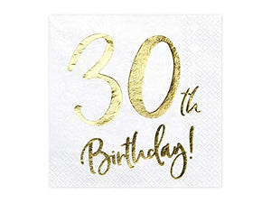 30th Birthday Napkins : White and Gold by Party Deco - 33cm - 20pk