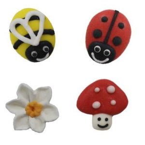 Ladybird, Bee, Mushroom & Daisy Sugar Cake Decorations - 12 Pack