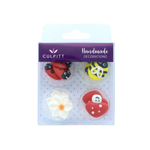 Ladybird, Bee, Mushroom & Daisy Sugar Cake Decorations - 12 Pack