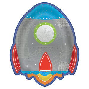 Rocket Shaped Paper Party Plates 18cm - 8 pack : Blast Off Birthday by Amscan