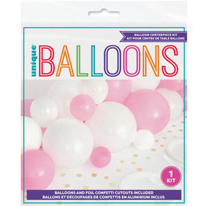Pink and White Balloon Centrepiece Kit with Silver Foil Confetti Cut Outs