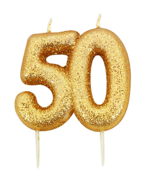 Age 50 Glitter Numeral Moulded Pick Candle Gold