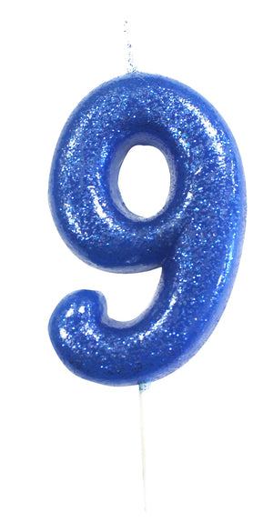 Age 9 Glitter Numeral Moulded Pick Candle Blue