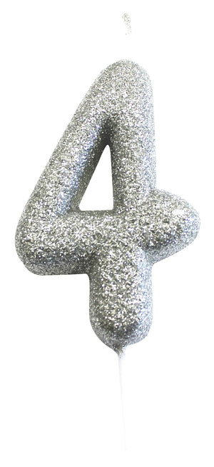 Age 4 Glitter Numeral Moulded Pick Candle Silver