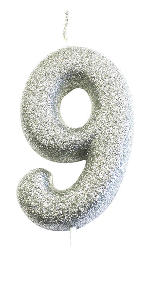Age 9 Glitter Numeral Moulded Pick Candle Silver