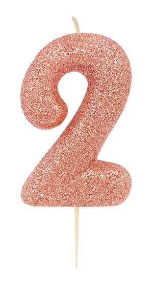 Age 2 Glitter Numeral Moulded Pick Candle Rose Gold