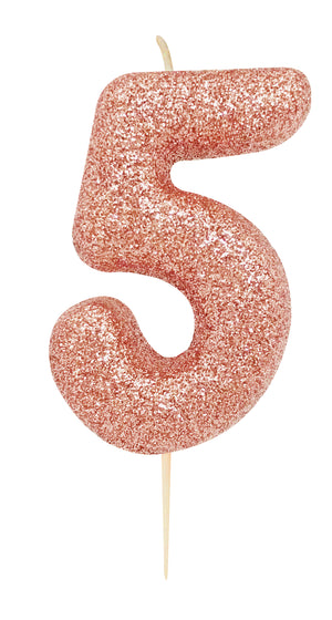Age 5 Glitter Numeral Moulded Pick Candle Rose Gold