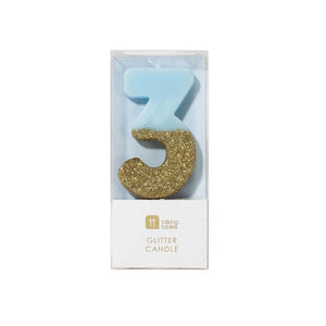 We Heart Birthday Glitter Number Candle Blue 3