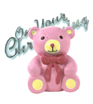 Teddy Bear Resin Cake Topper Pink & Silver Christening Motto