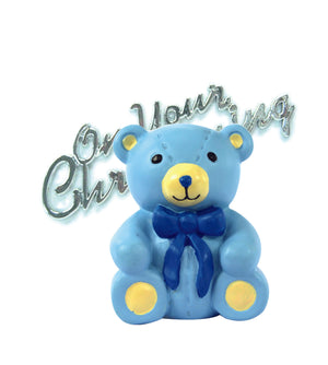 Teddy Bear Resin Cake Topper Blue & Silver Christening Motto