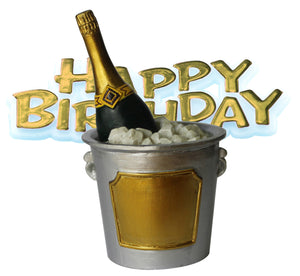 Champers Ice Bucket Resin Cake Topper & Gold Happy Birthday Motto