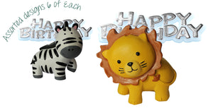 Safari Animals Resin Cake Toppers & Silver Happy Birthday Motto Assorted Designs 6 of Each