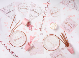 Pink & Rose Gold Baby Girl Christening Day Party Tableware and Accessories Range - Deluxe Pack for 8