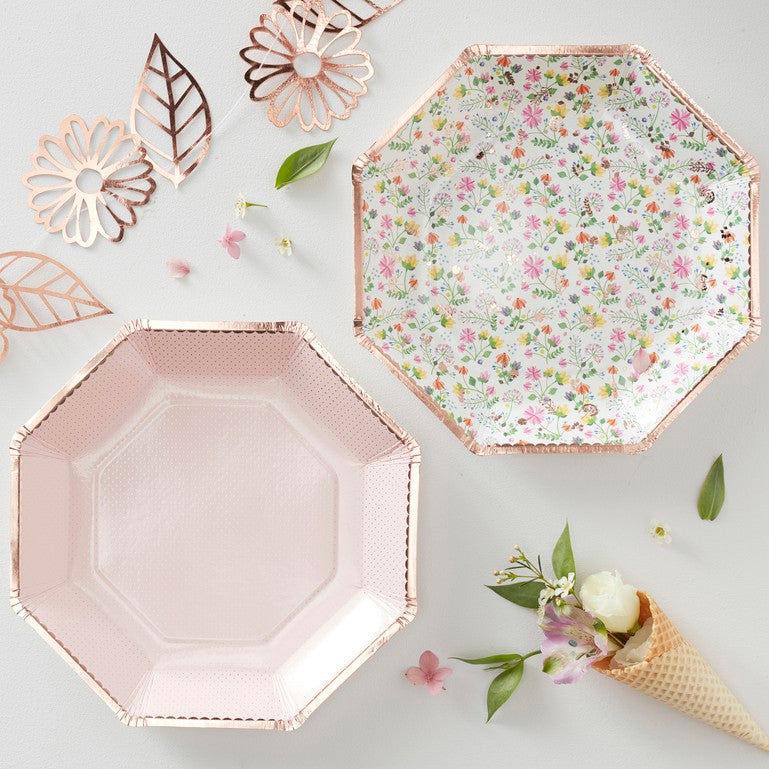 Floral Plates Rose Gold Foiled - Pack of 8