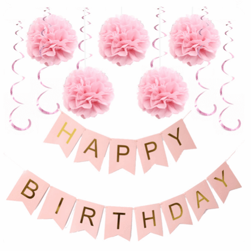 Happy Birthday Banner Bunting Garland Hanging Decoration : Pink and Gold by PartyDeco