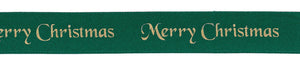 Green & Gold Merry Christmas Satin Ribbon - 25mm x 1m
