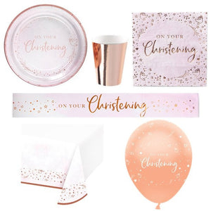 Pink & Rose Gold Baby Girl Christening Day Party Tableware and Accessories Range - Deluxe Pack for 8