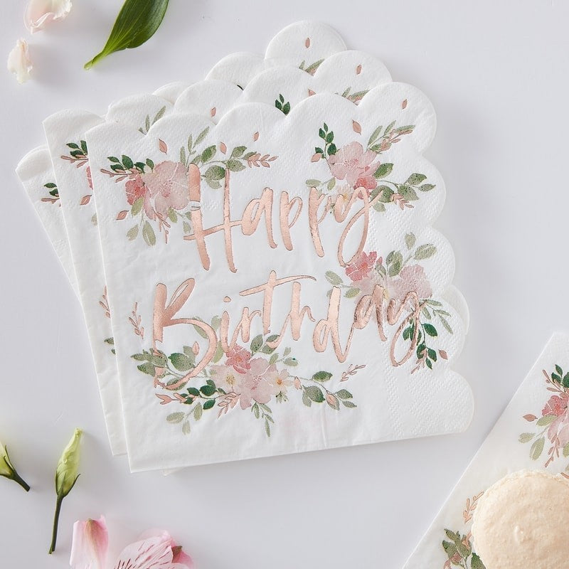 Ginger Ray Happy Birthday Foiled Paper Napkins - Ditsy Floral
