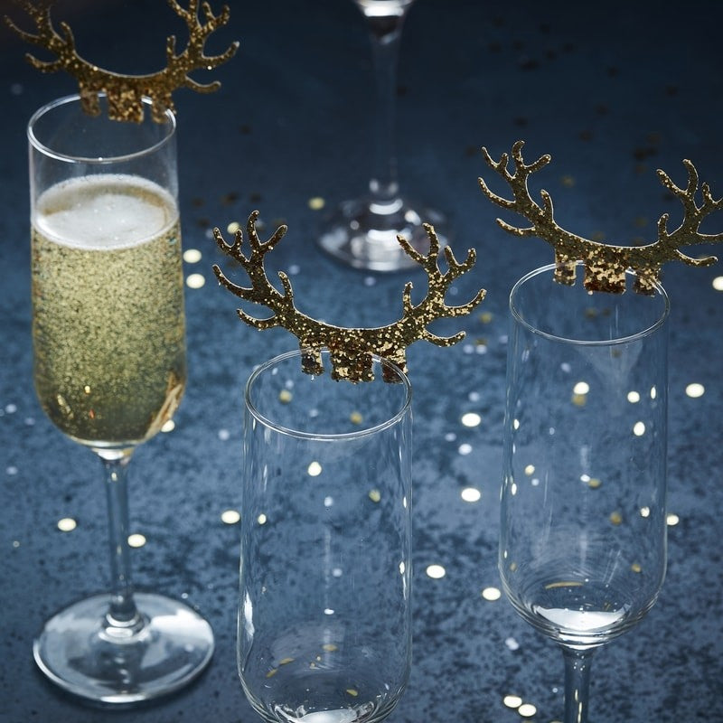 Gold Glitter Antler Glass Decoration - Gold Christmas