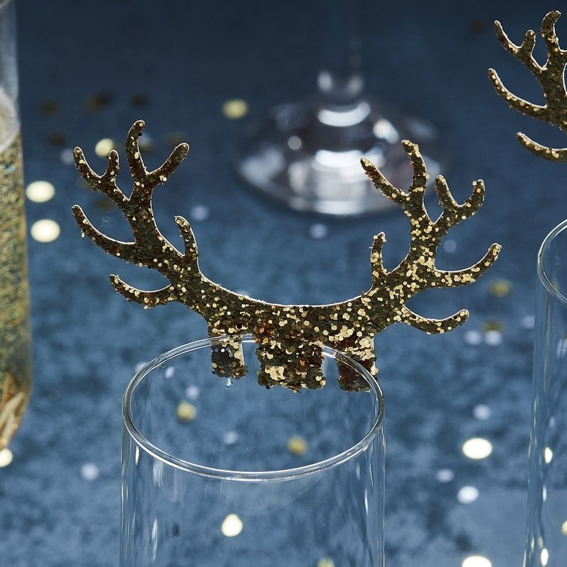 Gold Glitter Antler Glass Decoration - Gold Christmas