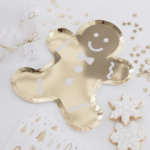 Gold Gingerbread Shaped Christmas Paper Plates - Gold Glitter - Ginger Ray
