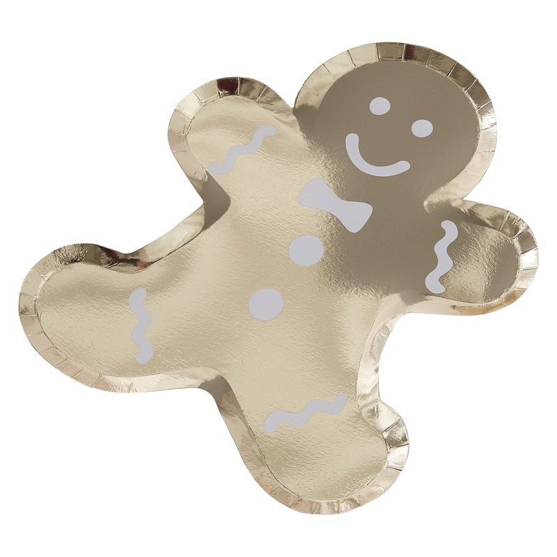 Gold Gingerbread Shaped Christmas Paper Plates - Gold Glitter - Ginger Ray