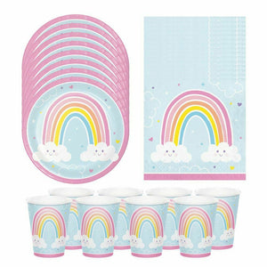 Happy Rainbows Party Pack - Pastel Rainbow Plates Cups Napkins - 8 Guests