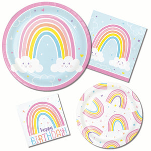 Happy Rainbows Party Tableware  Pack - Pastel Rainbow Plates and Napkins - 8 Guests