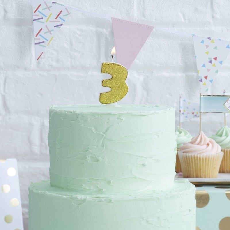 Gold Glitter Birthday Candle - Number 3