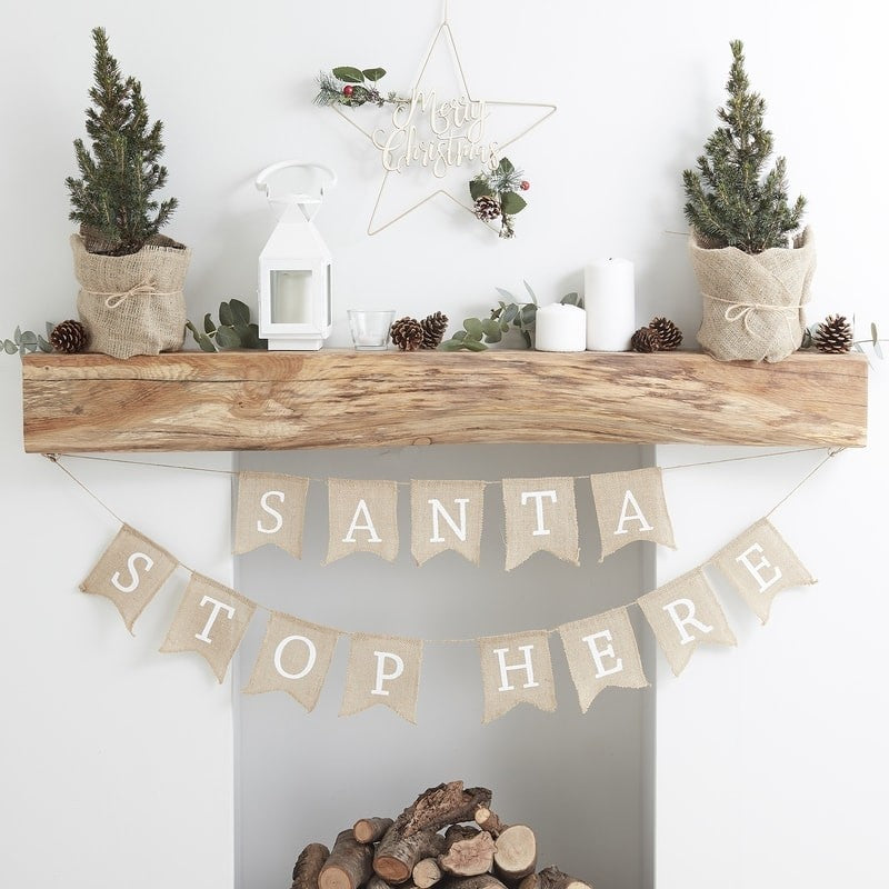 Hessian Burlap Santa Stop Here Bunting - Rustic Christmas