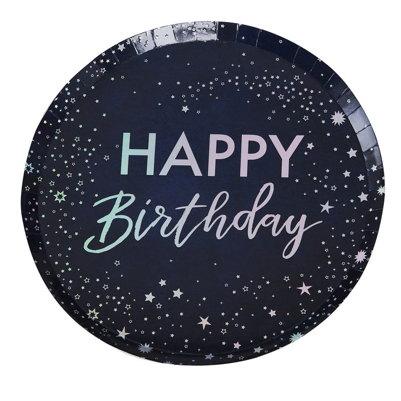 Irridescent Foiled Happy Birthday Paper Plates - Stargazer - Ginger Ray