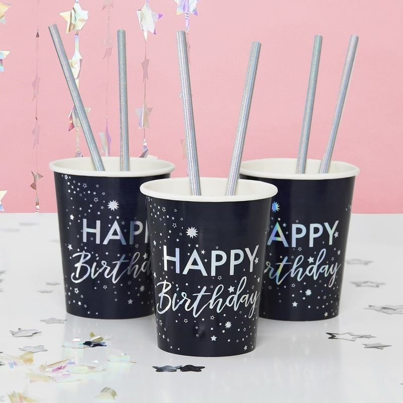 Irridescent Foiled Happy Birthday Paper Cups - Stargazer - Ginger Ray
