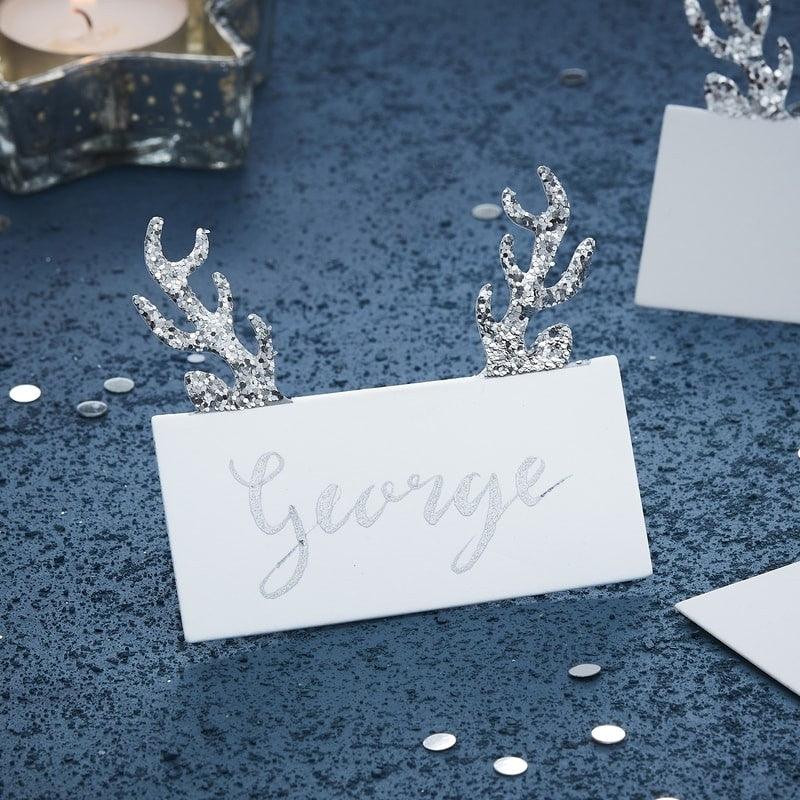 Silver Glitter Antler Place Cards - Silver Christmas
