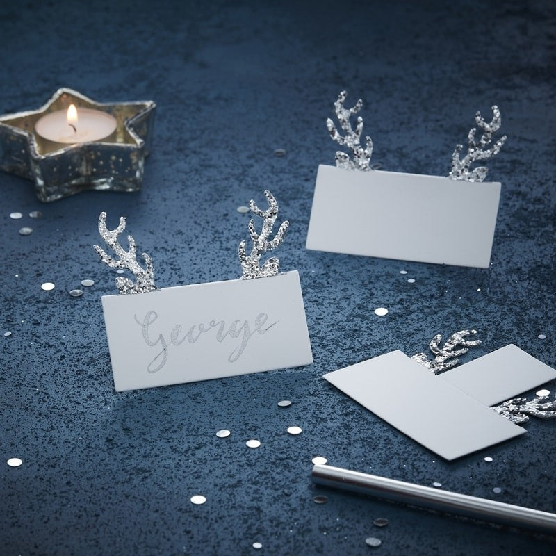 Silver Glitter Antler Place Cards - Silver Christmas